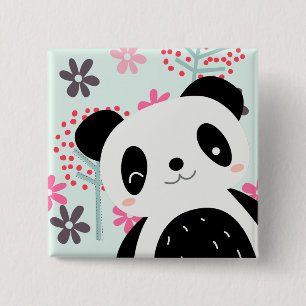 Bäume, Blume und Panda-Bären Button