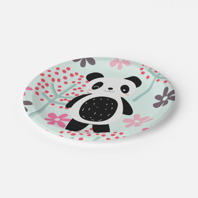 Bäume, Blume und Panda-Bären Pappteller (Schrägansicht)