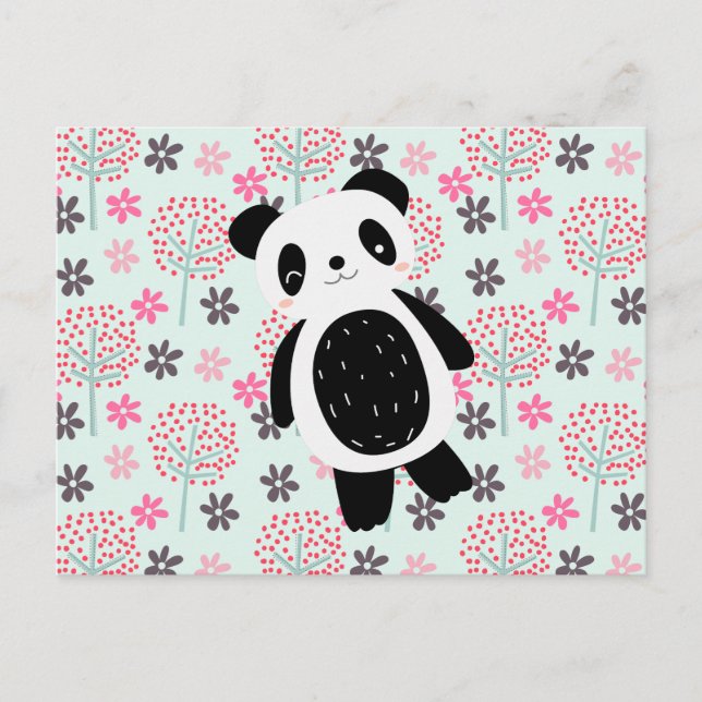 Bäume, Blume und Panda-Bären Postkarte (Vorderseite)