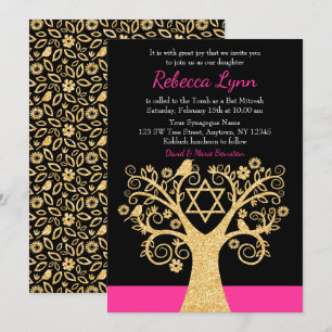 Bäume des Lebens Vögel Rosa Gold Bat Mitzvah Einladung