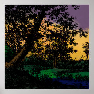 Bäume durch Teich bei Sonnenuntergang Poster