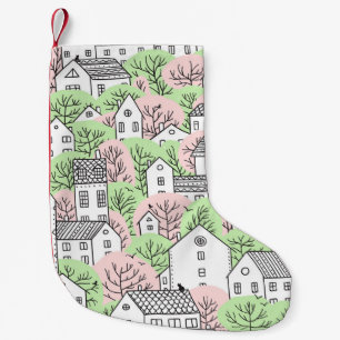 Bäume, Häuser, frühlingstädtische Landschaft Kleiner Weihnachtsstrumpf