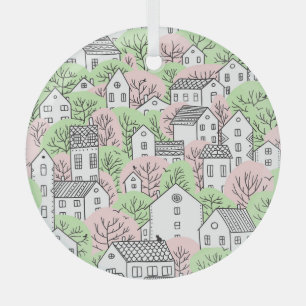 Bäume, Häuser, frühlingstädtische Landschaft Ornament Aus Glas