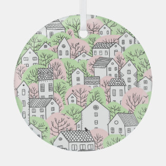 Bäume, Häuser, frühlingstädtische Landschaft Ornament Aus Glas