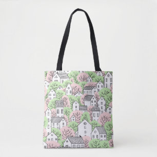 Bäume, Häuser, frühlingstädtische Landschaft Tasche