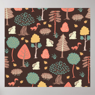 Bäume Tiere: Von Hand Gezeichnet Naturlandschaft. Poster