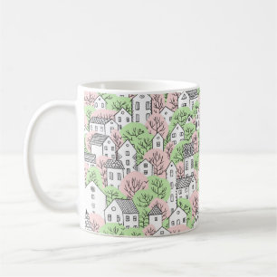 Bäume und Häuser nahtlos Muster. Frühjahr und S Kaffeetasse