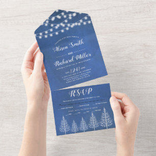 Bäume und Lichter gefärbt blaue Winterhochzeit all In One Einladung