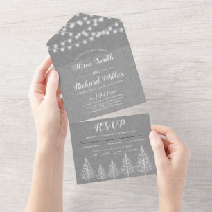 Bäume und Lichter grau Kraftpapier Winterhochzeit All In One Einladung