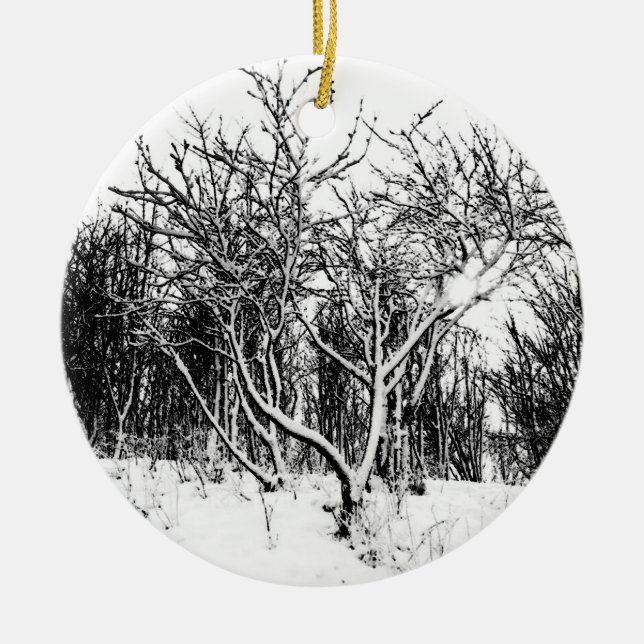 Bäume und Schnee-Szene, Schwarzweiss Keramikornament (Vorne)
