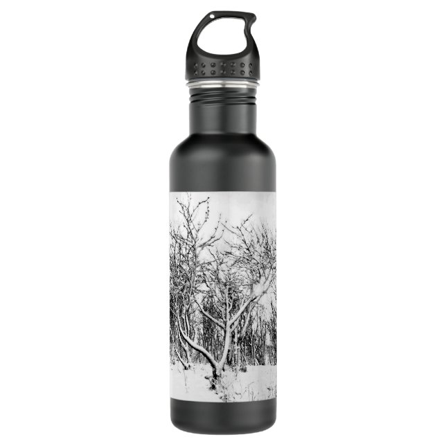 Bäume und Schneeszene, Schwarz-Weiß-Stainless St. Edelstahlflasche (Vorderseite)