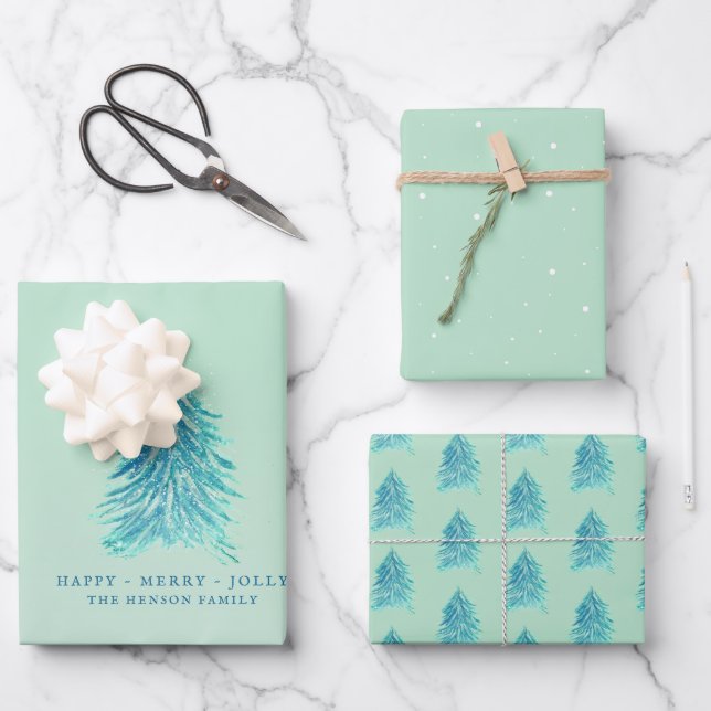 Bäume Wasserfarbe Zeichnend frohe Weihnachtsfeiert Geschenkpapier Set (Vorderseite)
