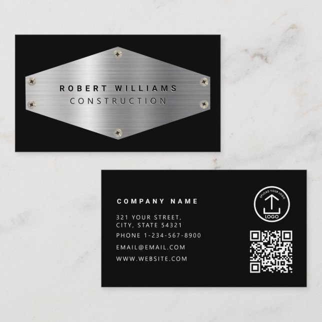 Baumetall QR-Code Schwarz Metallic Silber Visitenkarte (Vorne/Hinten)