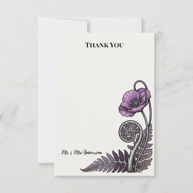 Baumfarn und Mohn Botanisch Dankeskarte (Vorderseite)