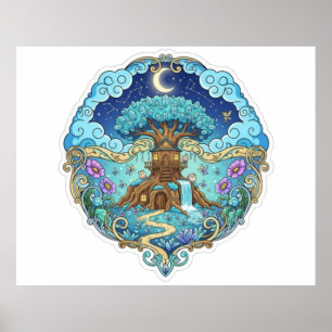 Baumhaus unter Mond-Fantasie magische Illustration Poster