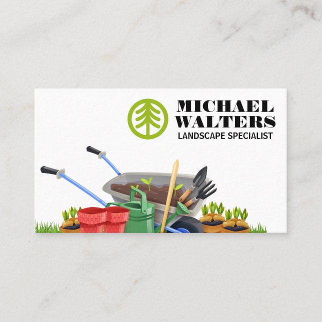 Baumlogo | Werkzeuge zum Gartenbau von Rollfelsen Visitenkarte (Vorderseite)