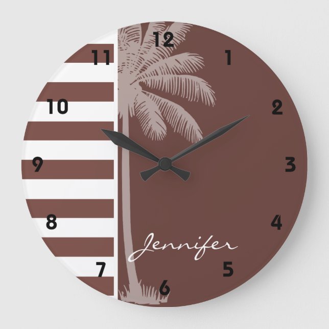 Baumstamm-Brown-Streifen; Gestreift; Retro Palme Große Wanduhr (Vorderseite)
