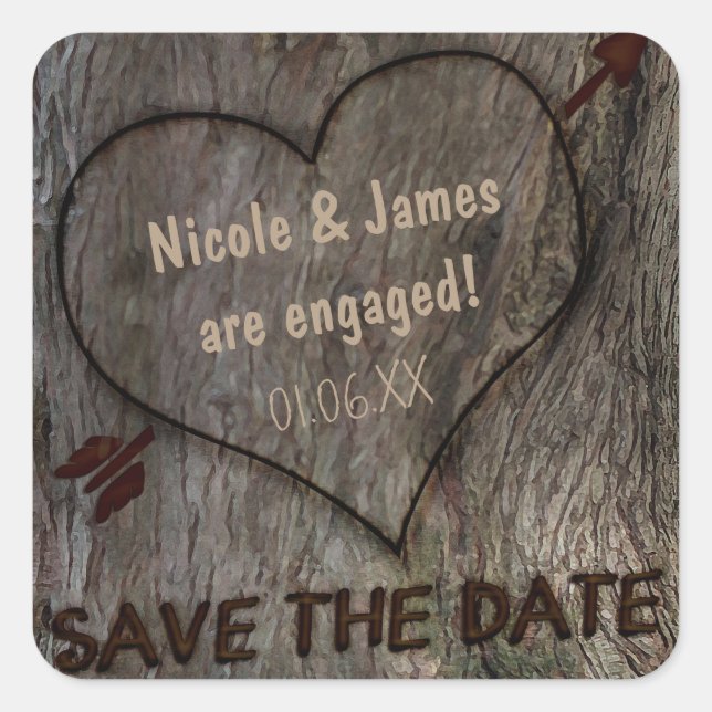 Baumstamm + Carved Heart Save the Date Stickers (Vorderseite)