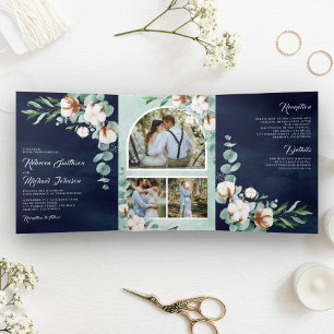 Baumwoll-Eukalyptus-Fotocollage Navyblaue Hochzeit Dreifach Gefaltete Einladung