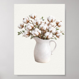 Baumwollblüten in weißem Krug Botanisch Farmhaus Poster