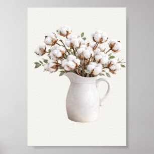 Baumwollblüten in weißem Krug Botanisch Farmhaus Poster