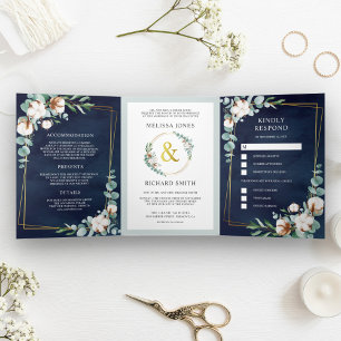 Baumwolle Eukalyptus All in One Navy Blue Wedding Dreifach Gefaltete Einladung