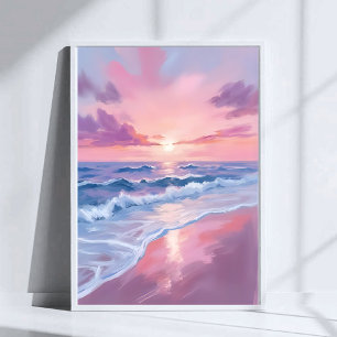 Baumwollzuckerstrand   Rosa Ozeanwellen Malerei Poster