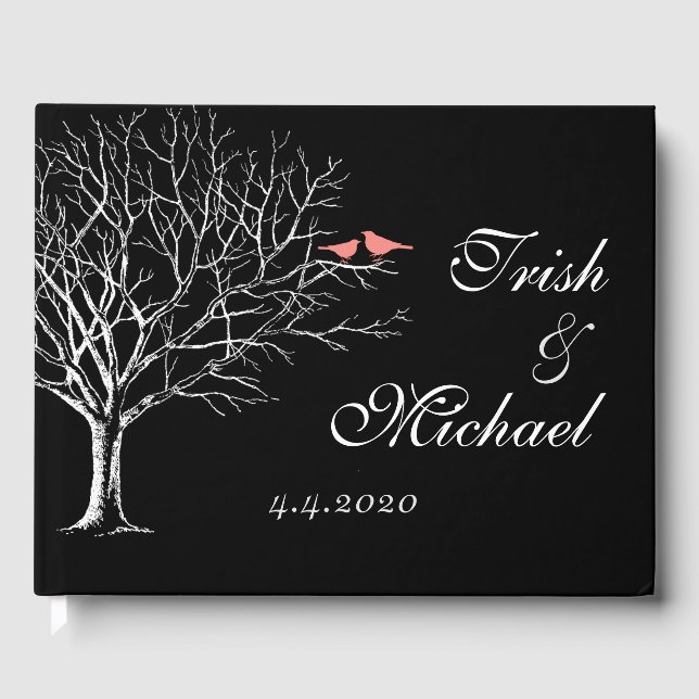Baumzweige Black Coral Birds Wedding Gästebuch (Vorderseite)