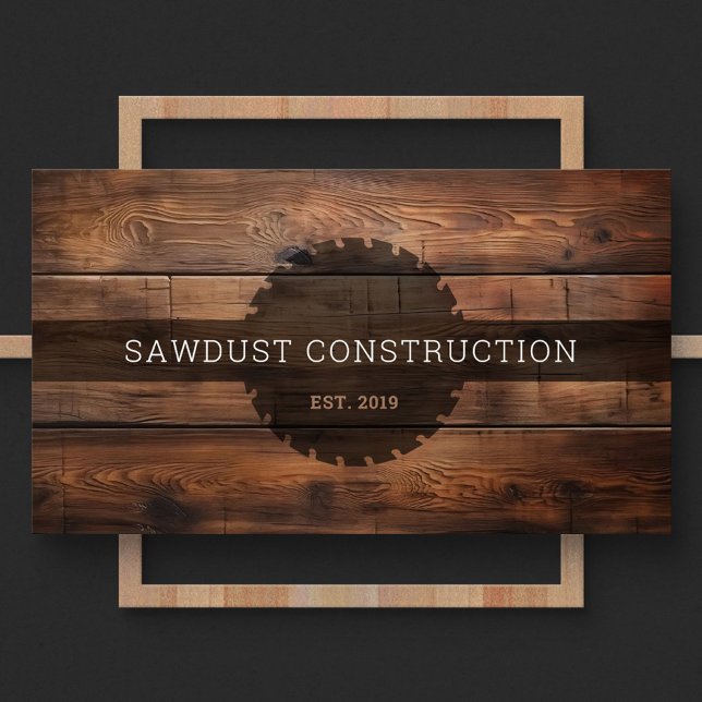 Bauschreiner Holz Dunkles rustikales Holz Visitenkarte (Front of a construction business card featuring dark rustic wooden timber and a round saw silhouette)