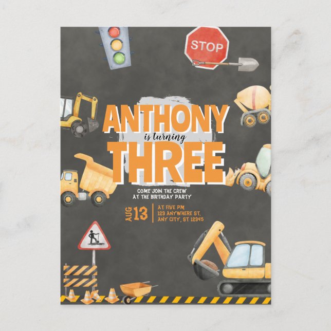 Baustellen-Geburtstagseinladung Postkarte (Vorderseite)