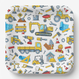 Baustellenfahrzeuge Pappteller, Kindergeburtstag Pappteller