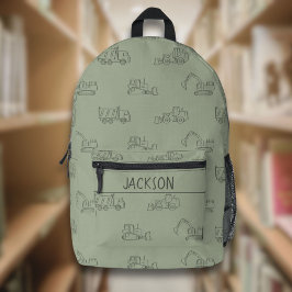 Baustellenfahrzeuge Schuljungen Name Sage Green Bedruckter Rucksack