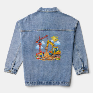 Baustellenscene mit Kran, Bagger und kleine Helfer Jeansjacke