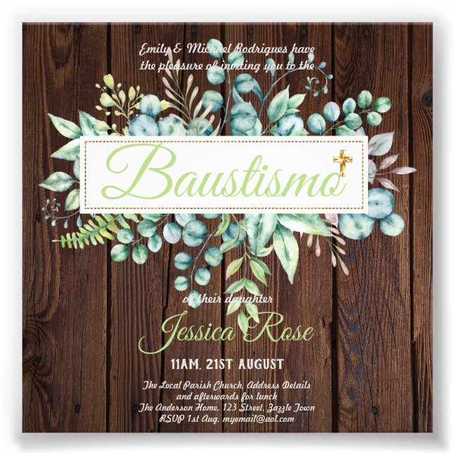 Baustismo Einladung Eukalyptus Grünes BUDGET Fotodruck (Vorne)