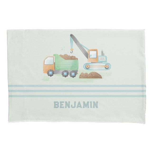 Baustumpf Truck Soft Blue Green Boy Name Kissenbezug (Vorderseite)