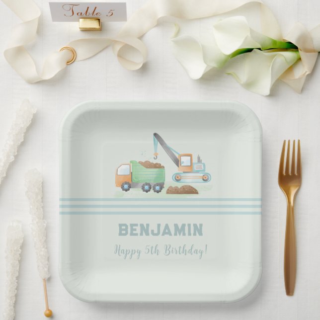 Baustumpf Truck Soft Blue Green Boy Name Pappteller (Hochzeit)