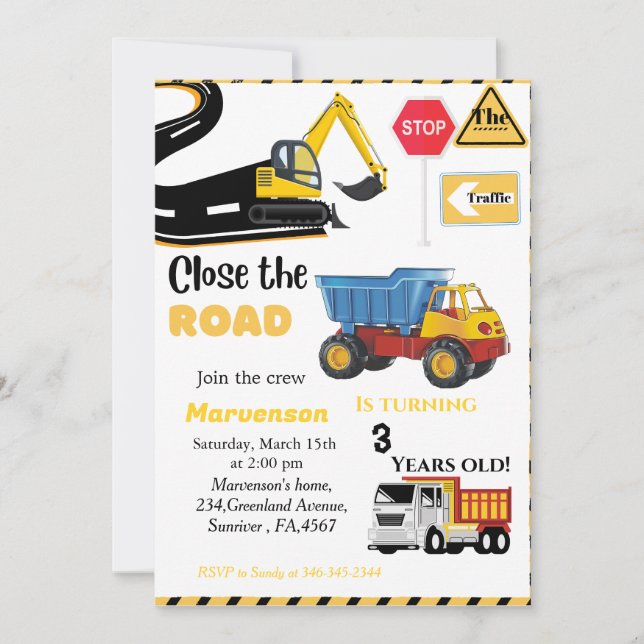 Bauthema Junge Geburtstagsparty Dump Truck Einladung (Vorderseite)