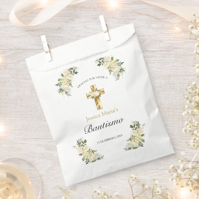 Bautismo Cruz Floral Clásica Dorada Gracias Geschenktütchen (Ausgeschnitten)
