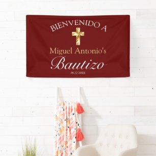 Bautismo de Bebé Borgoña Dorado Bienvenido Banner