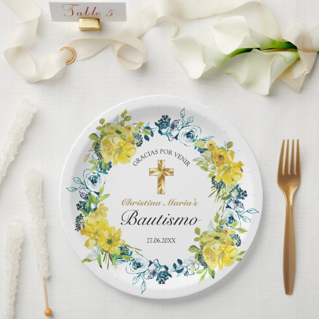 Bautismo de Niña Bonita Cruz Floral Amarillo Class Pappteller (Hochzeit)