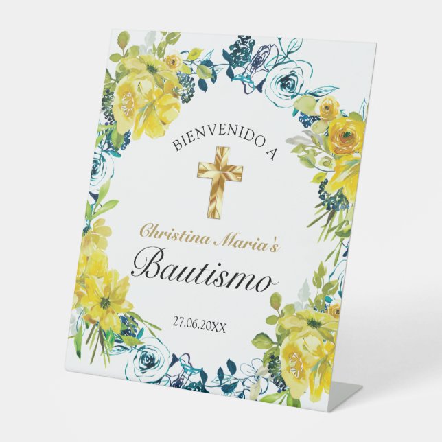 Bautismo de Niña Bonita Cruz Floral Amarillo Sockelschild (Vorderseite)
