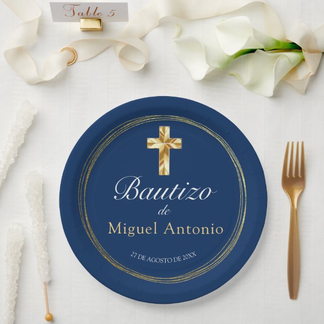 Bautizo Bebé Niño Cruz de Oro y Azul Marino Pappteller (Hochzeit)
