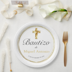 Bautizo Bebé Niño Cruz de Oro y Blanco Elegante Pappteller