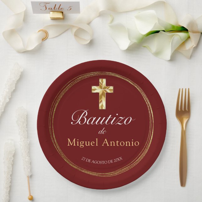 Bautizo Bebé Niño Cruz de Oro y Borgoño Pappteller (Hochzeit)