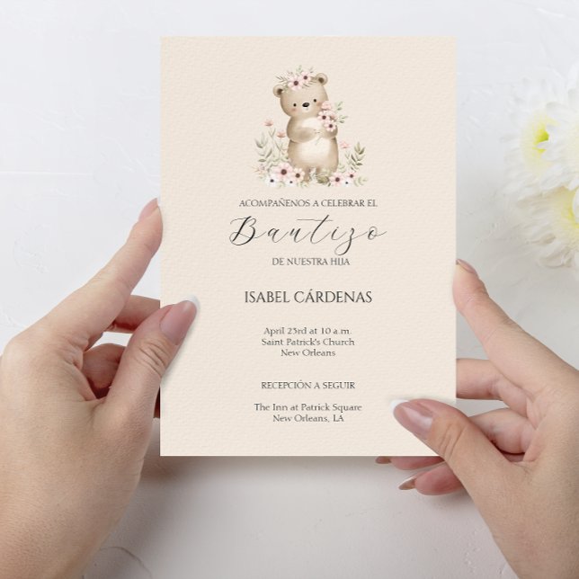 Bautizo de Niña Niedlicher Bär in spanischer Wasse Einladung (Bautizo De Niña Cute Bear In Spanish Watercolor Invitation)