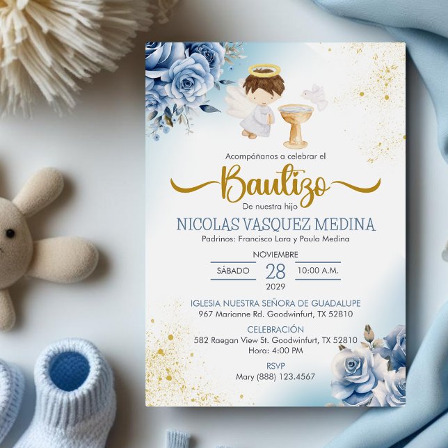 Bautizo Invitacion BLUE Blumen BOY Angel Taufe Einladung (Von Creator hochgeladen)
