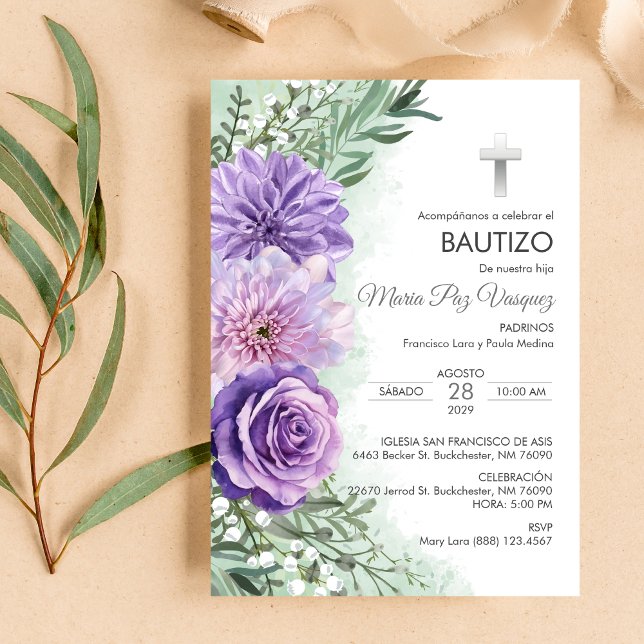 Bautizo Invitacion Niedlich Purple Flowers Christe Einladung (Von Creator hochgeladen)