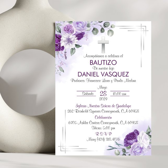 Bautizo Invitación Taufe Niedliche violette Blumen Einladung (Von Creator hochgeladen)