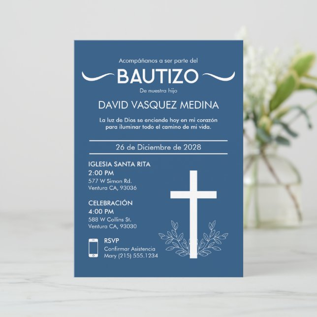 Bautizo Niedlich Baby Taufe Spanisches Kreuz und B Einladung (Stehend Vorderseite)