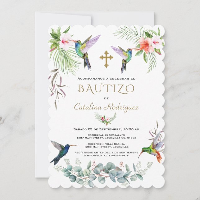Bautizo Pink Blume Hummingbird Girl Einladung (Vorderseite)